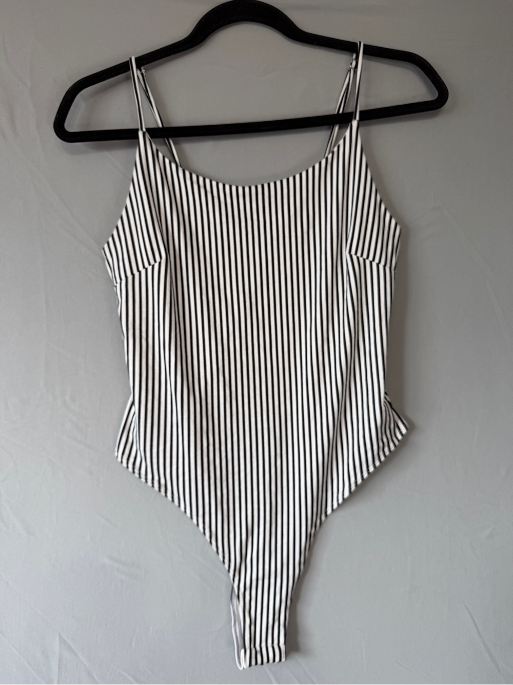 Mind Code Womens Striped Thong Bodysuit L White Black Adjustable Spaghetti Strap